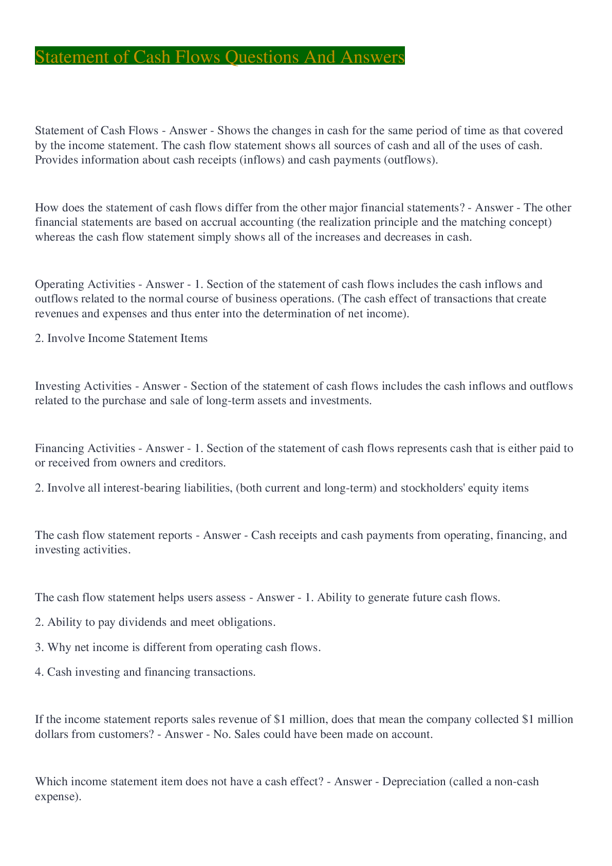 Preview image for Statement of Cash Flows Questions And Answers 2022/2023